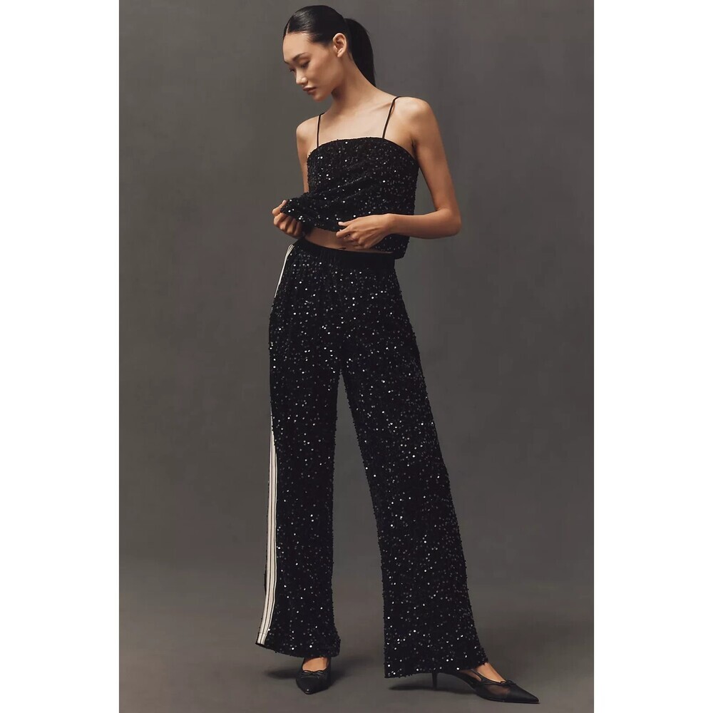 NWT Anthropologie Bishop + Young Sequin Track Pants XL Black Velvet $138